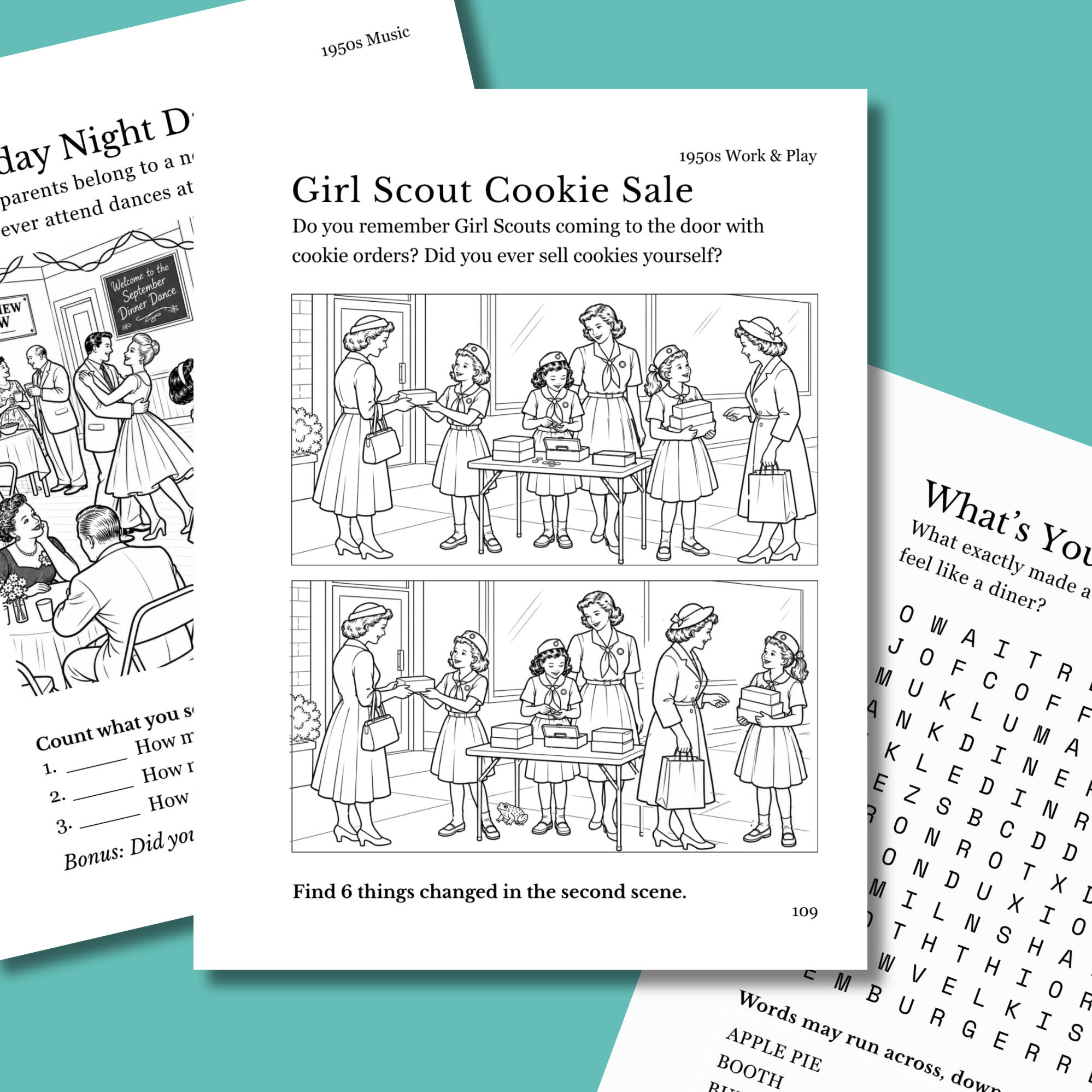 1950s activity page sneak peek from Penny Candy Papers 1940s work and play spot the difference activity page featuring girl scout cookies from Penny Candy Papers